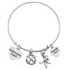 Silver plated field hockey coach bangle bracelet with engraved charms on white background