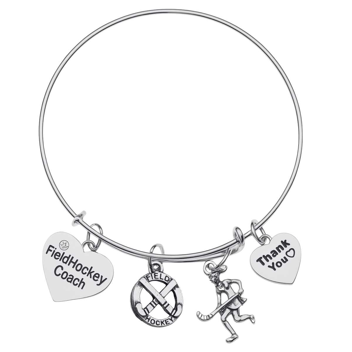 Silver plated field hockey coach bangle bracelet with engraved charms on white background