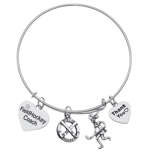 Silver plated field hockey coach bangle bracelet with engraved charms on white background