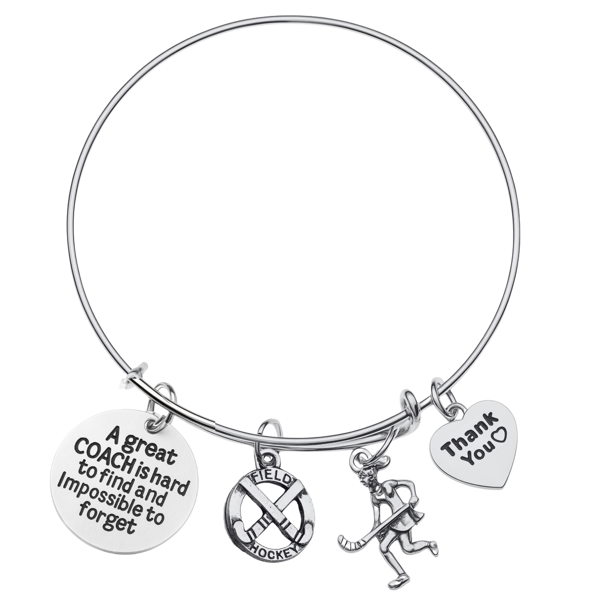 Adjustable silver field hockey coach bangle bracelet with three charms including stick and player