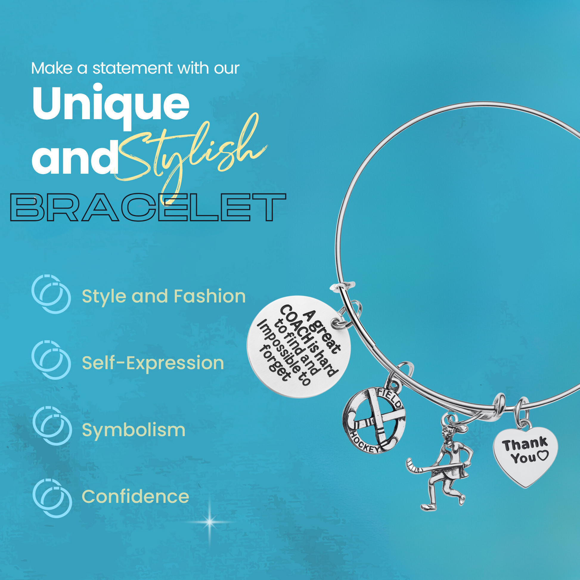 Adjustable silver coach bangle bracelet with engraved charms shown on turquoise background with product features