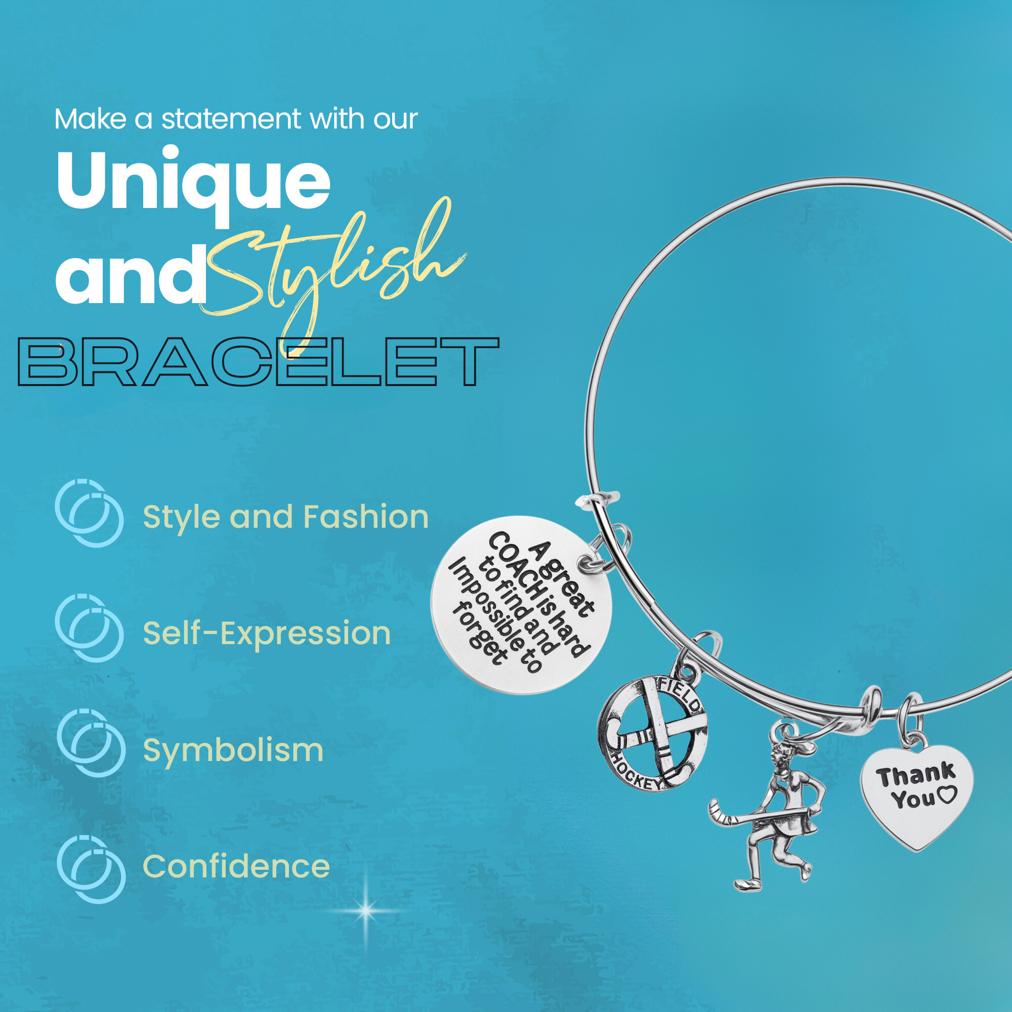 Adjustable silver coach bangle bracelet with engraved charms shown on turquoise background with product features