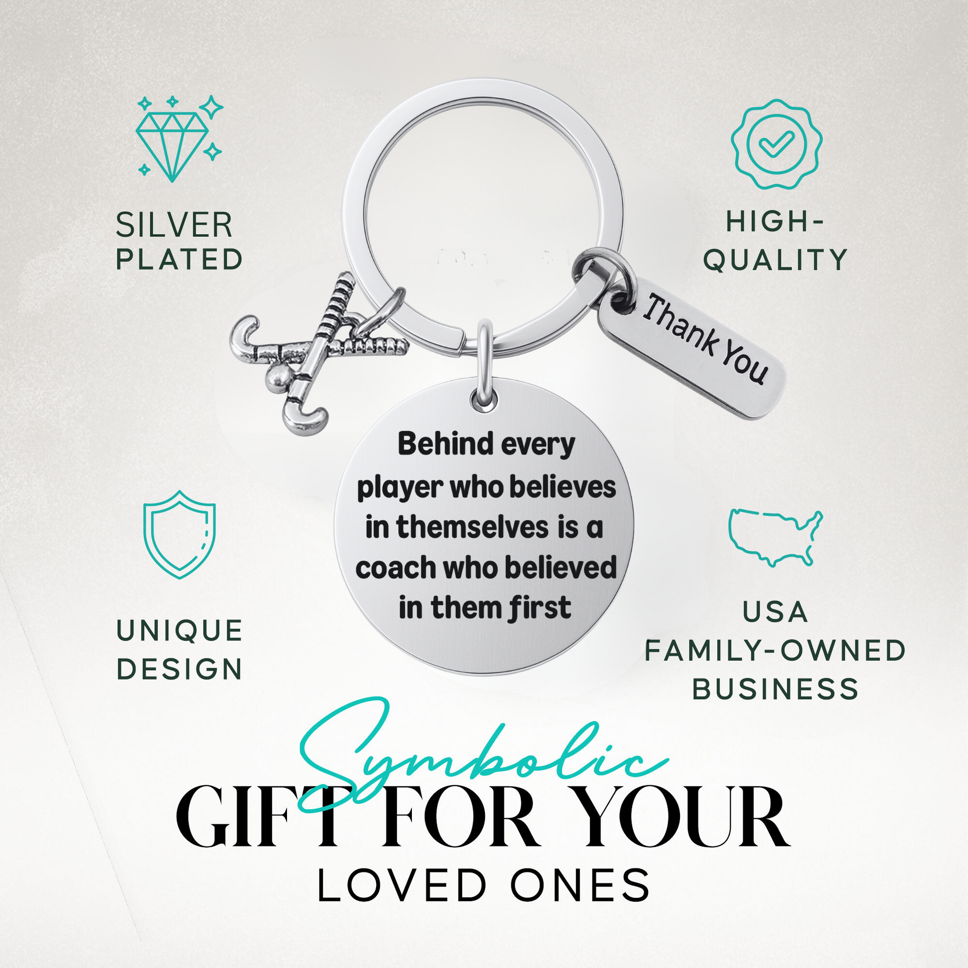 Field hockey coach appreciation keychain with charms and engraved quote, displayed with gift idea text