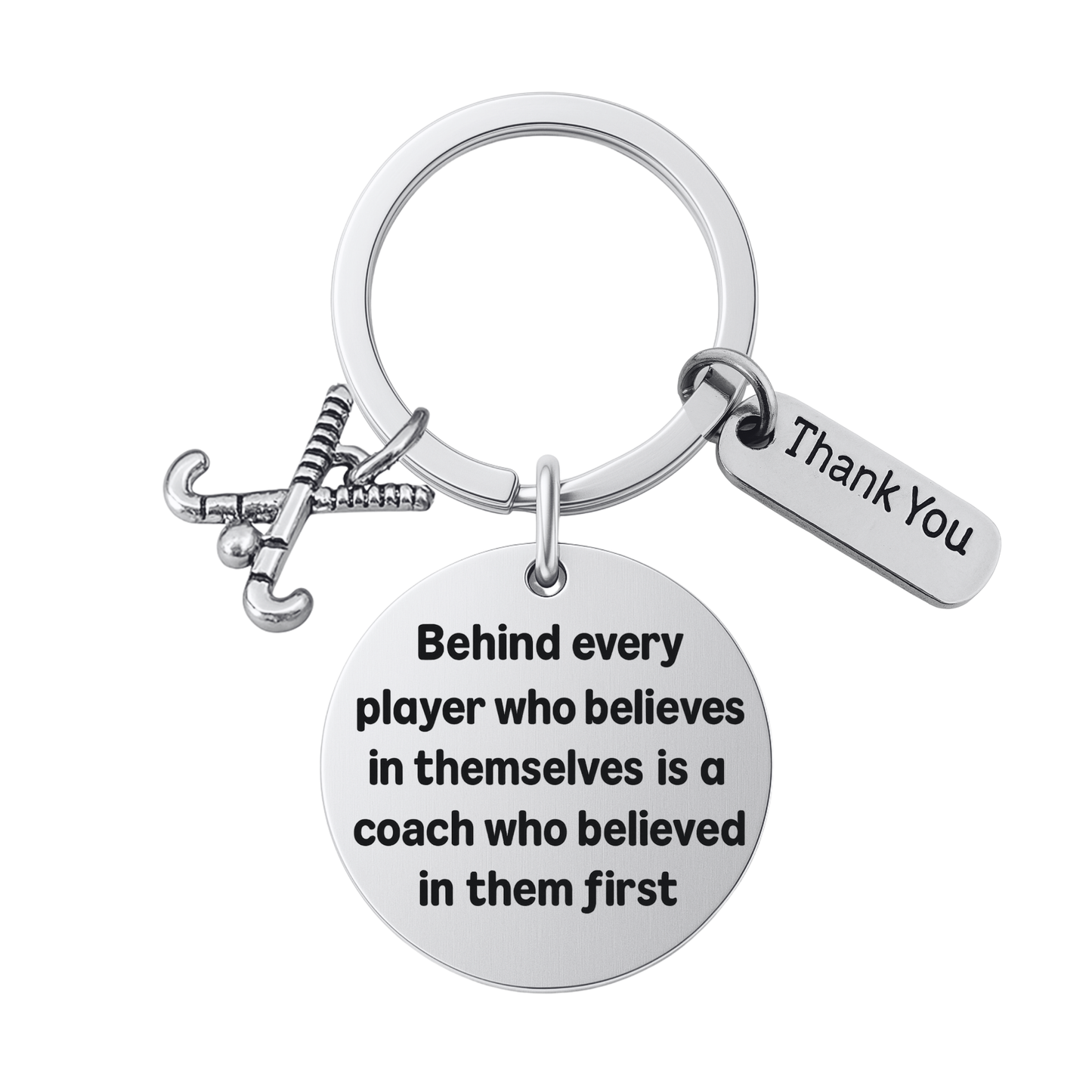 Field hockey coach keychain with crossed sticks charm, Thank You charm, and engraved Behind Every Player quote