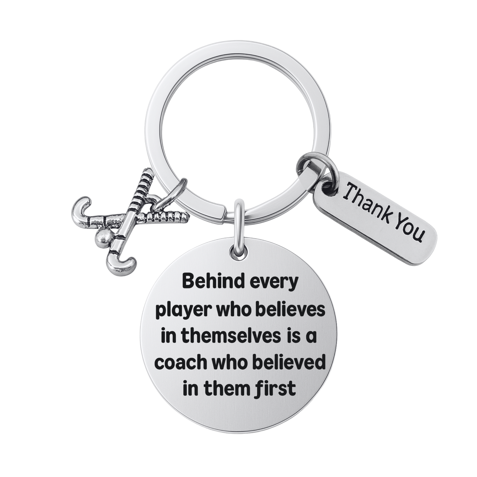 Field hockey coach keychain with crossed sticks charm, Thank You charm, and engraved Behind Every Player quote