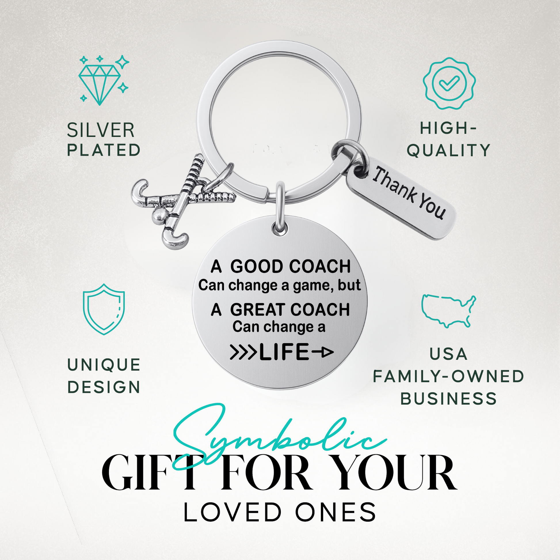 Field hockey coach appreciation keychain with engraved quote and charms shown with gift idea text