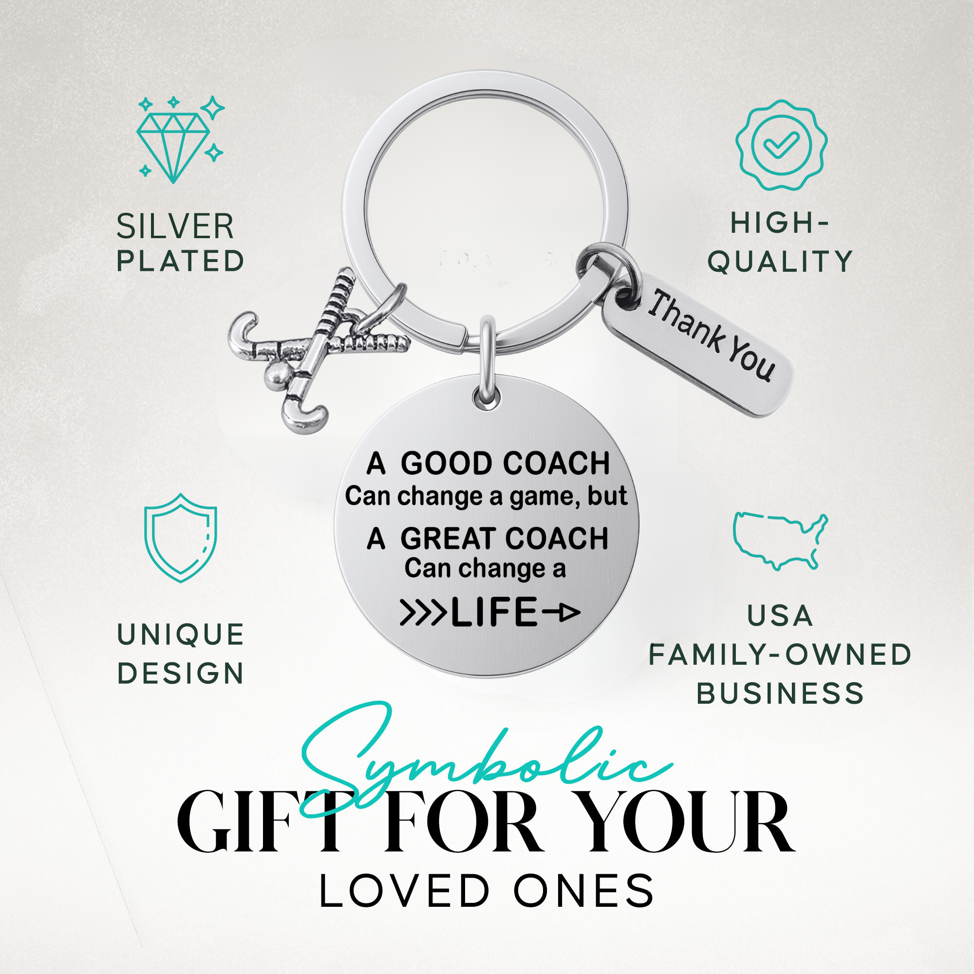 Field hockey coach appreciation keychain with engraved quote and charms shown with gift idea text