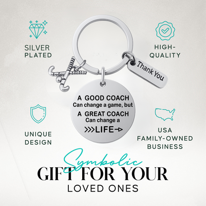 Field hockey coach appreciation keychain with engraved quote and charms shown with gift idea text