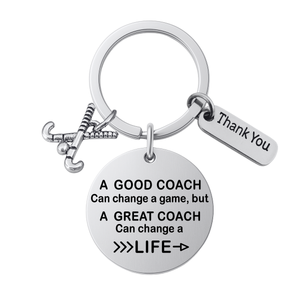 Field hockey coach keychain with crossed sticks charm, Thank You charm, and engraved Great Coach Can Change a Life quote