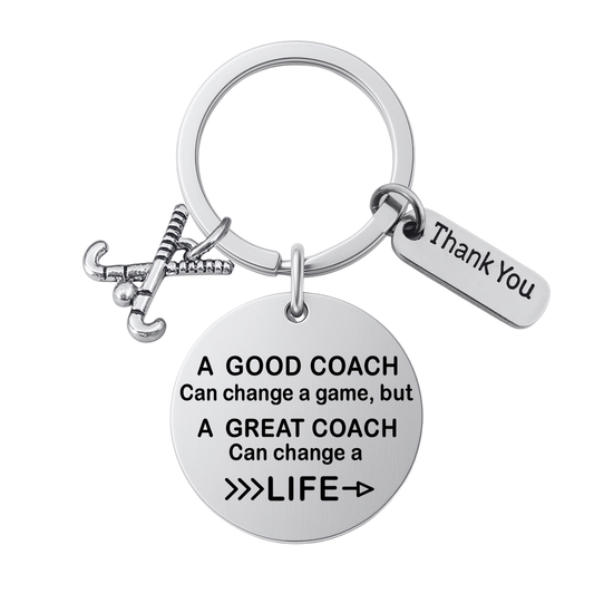 Field hockey coach keychain with crossed sticks charm, Thank You charm, and engraved Great Coach Can Change a Life quote