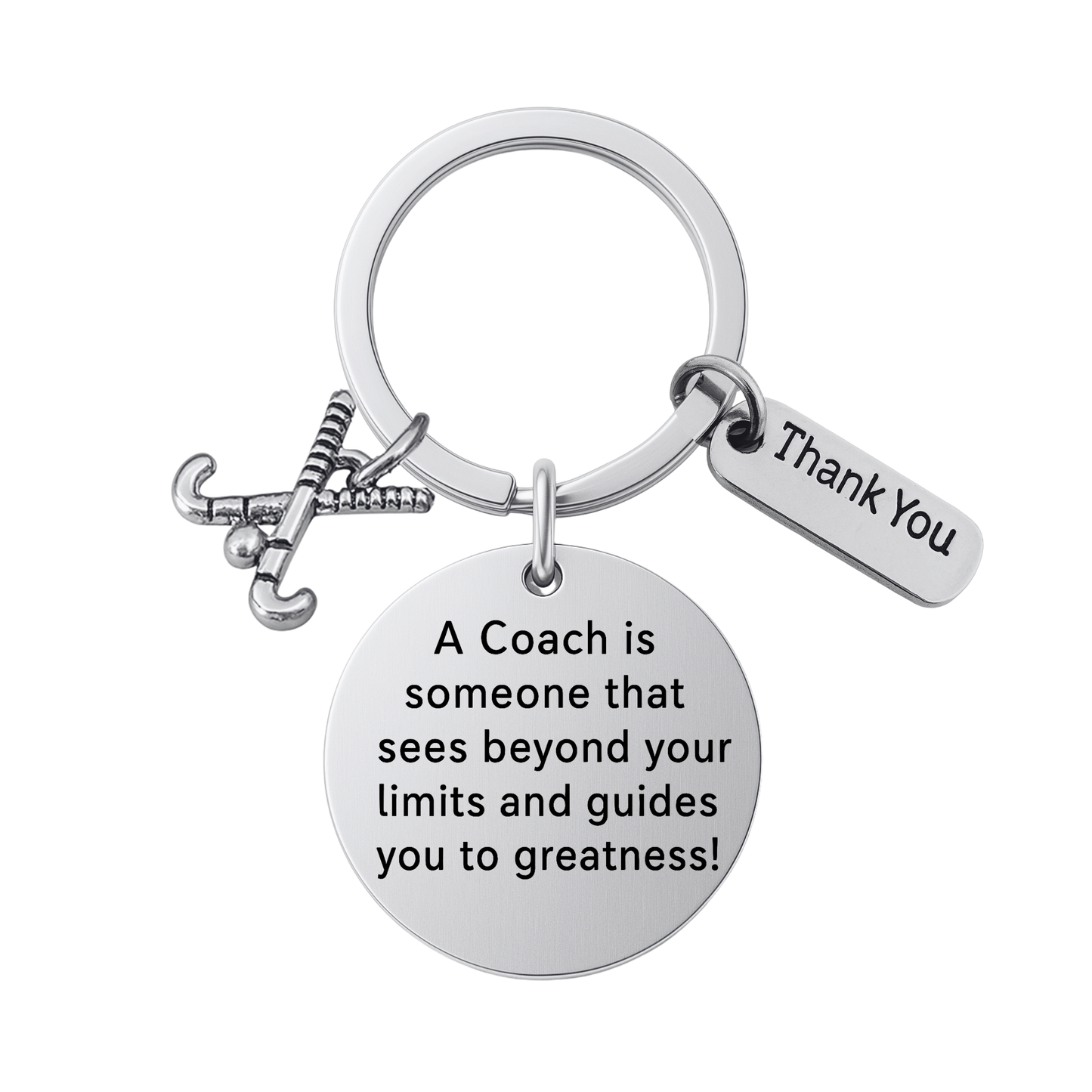 Field hockey coach keychain with crossed sticks charm, Thank You charm, and engraved Sees Beyond Your Limits quote