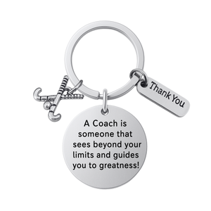 Field hockey coach keychain with crossed sticks charm, Thank You charm, and engraved Sees Beyond Your Limits quote