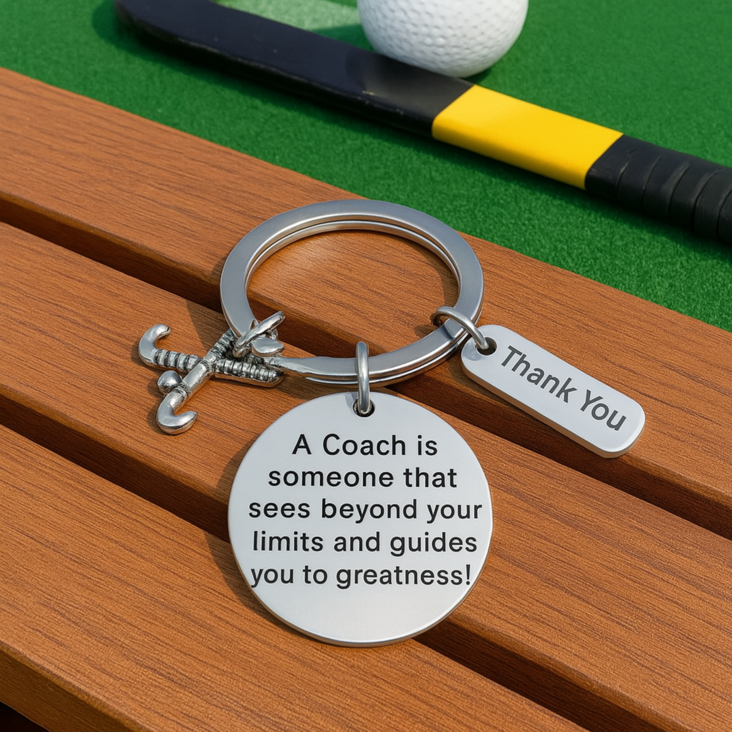 Inspirational field hockey coach keychain with charms displayed on wooden surface