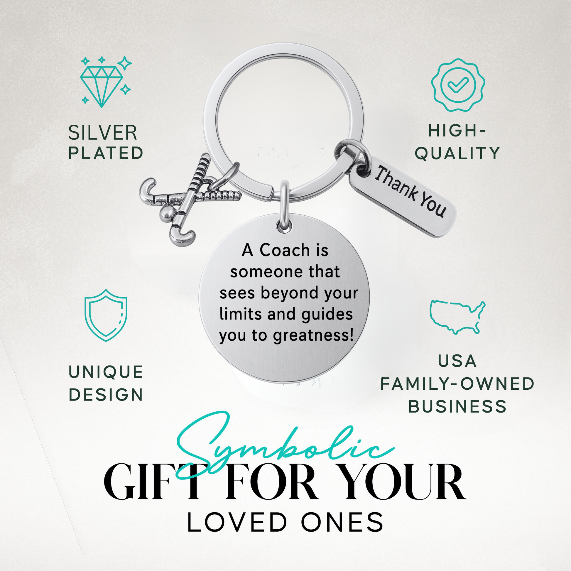 Field hockey coach appreciation keychain with engraved quote and charms, shown with gift idea text