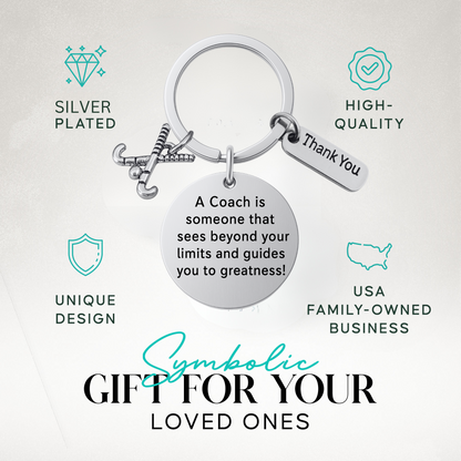 Field hockey coach appreciation keychain with engraved quote and charms, shown with gift idea text