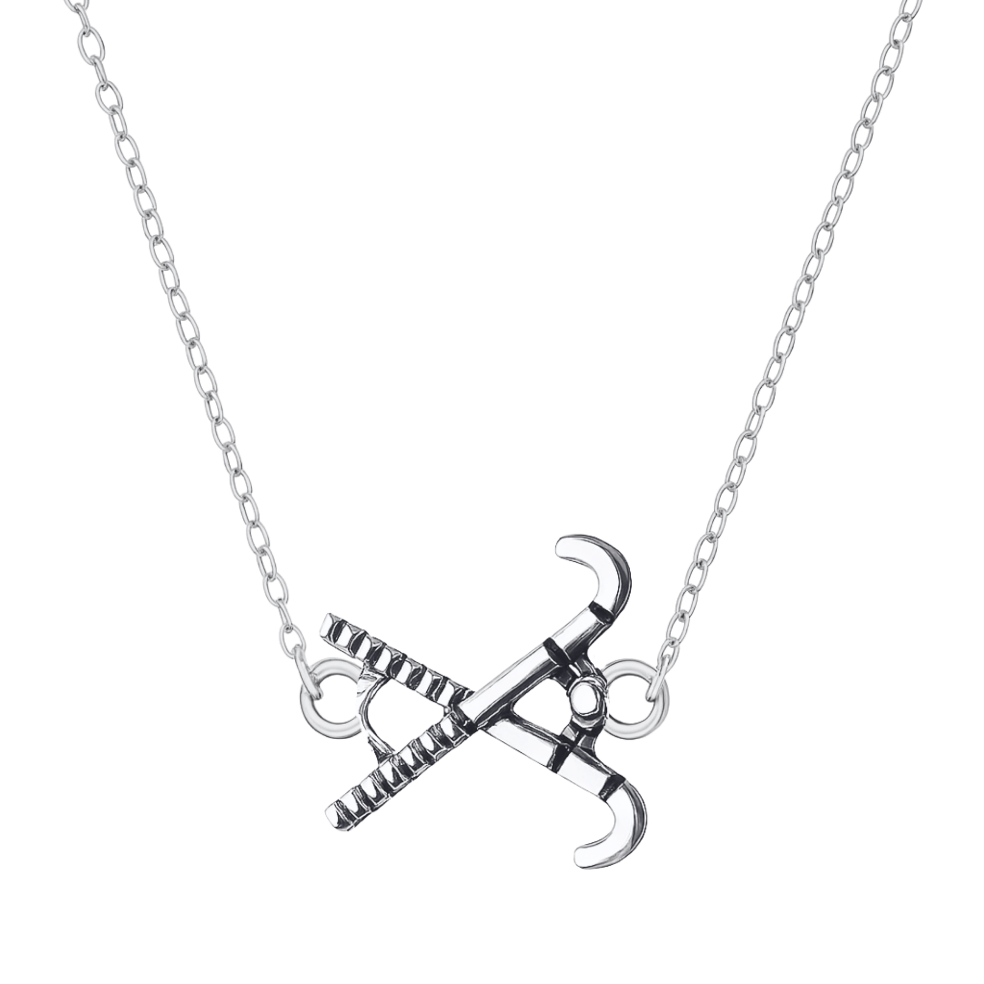 Silver field hockey connector pendant necklace with stainless steel chain on white background