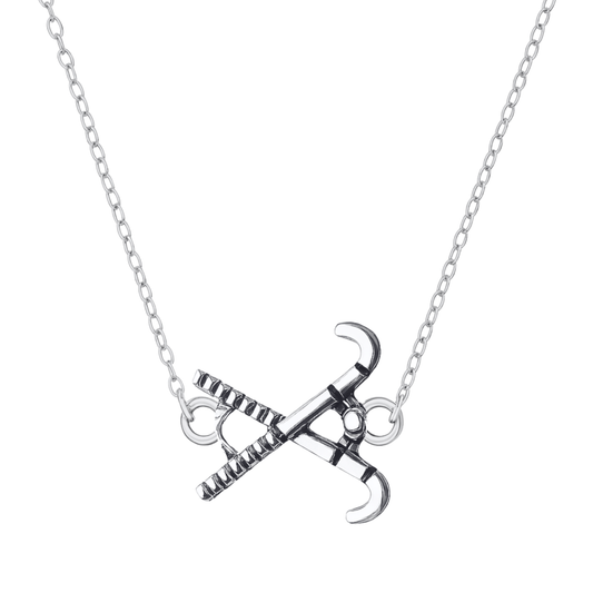 Silver field hockey connector pendant necklace with stainless steel chain on white background