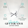 Field hockey pendant necklace on gift card packaging with necklace care icons