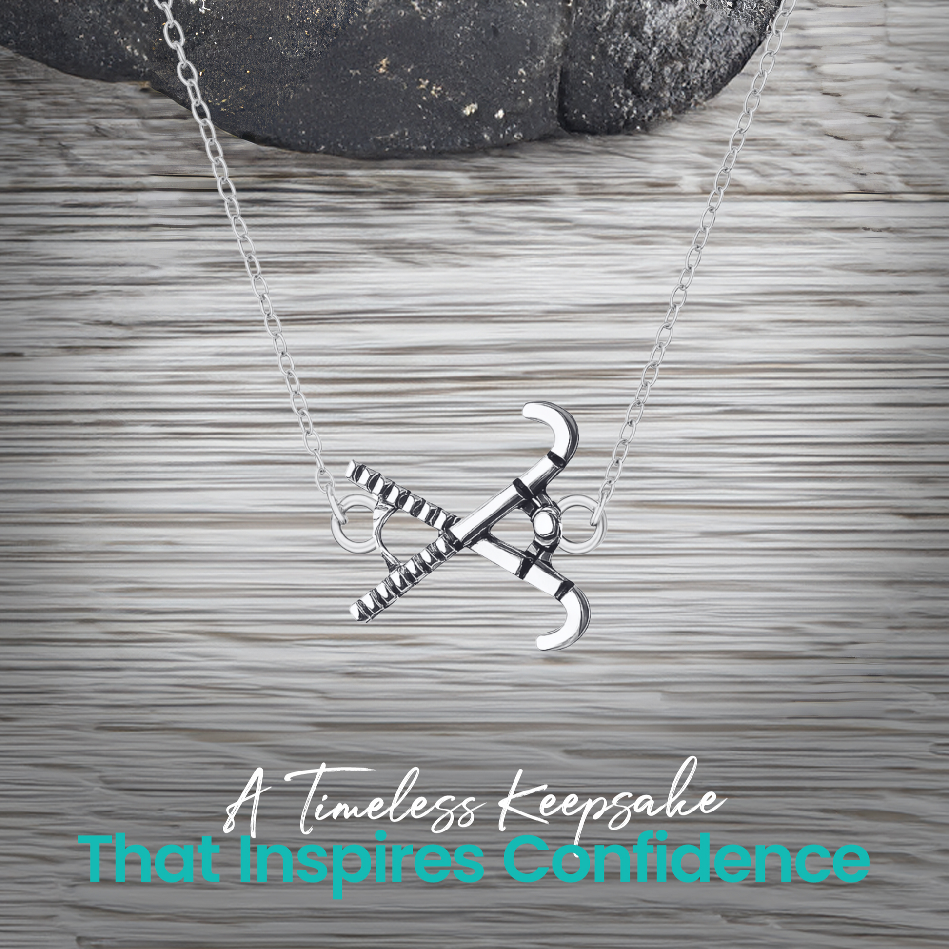 Field hockey necklace close-up with sporty gift-ready message card and pendant details