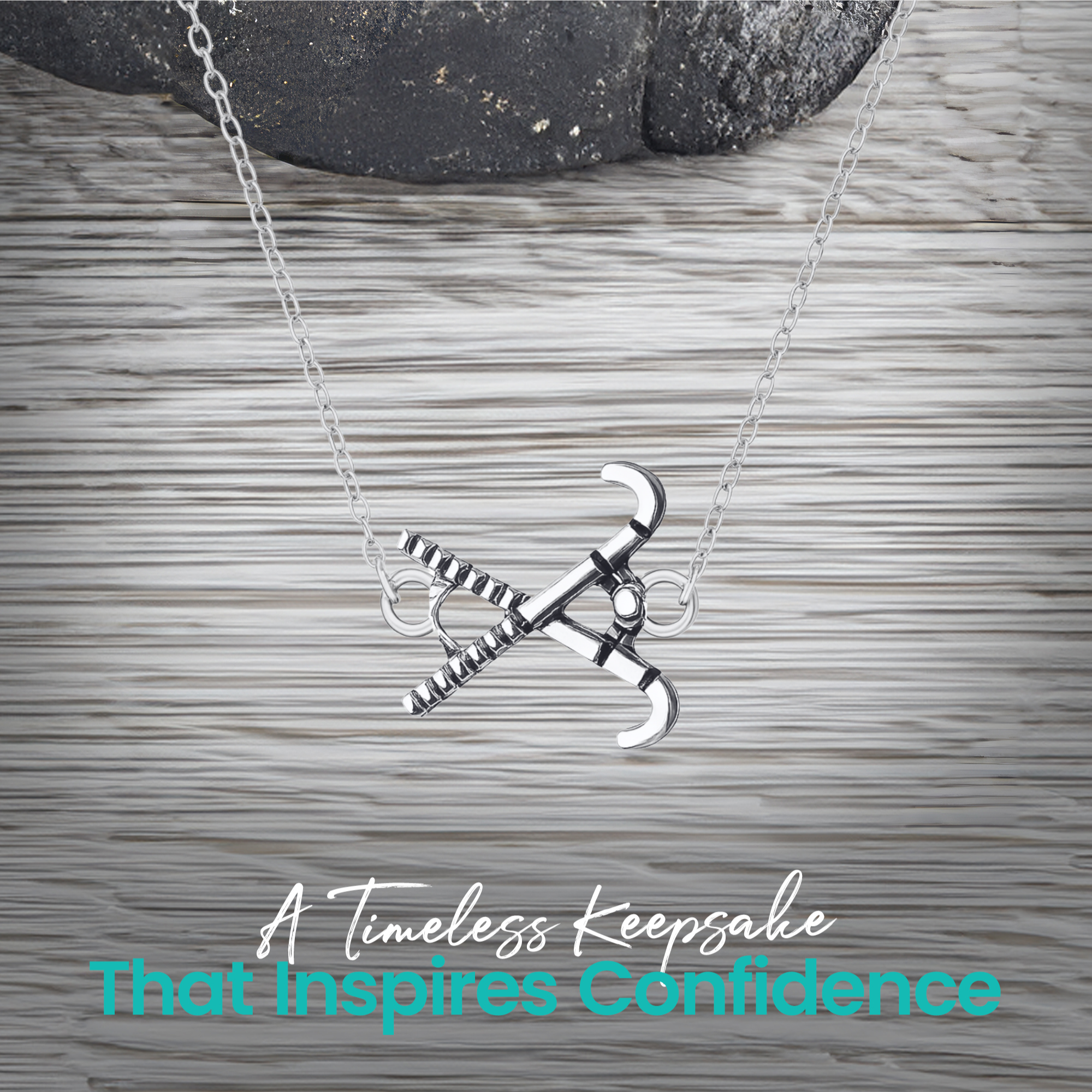 Field hockey necklace close-up with sporty gift-ready message card and pendant details