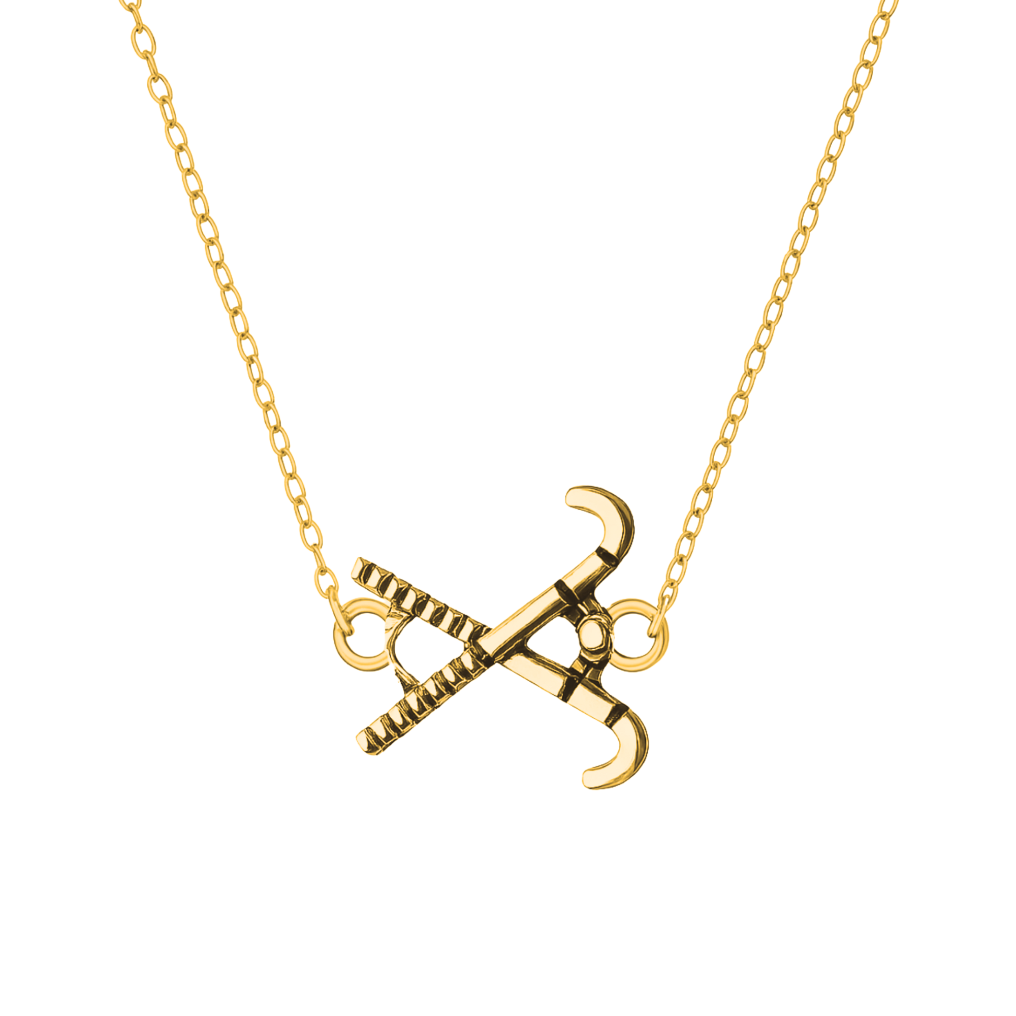 Gold-tone field hockey pendant necklace with stick and ball charm on white background