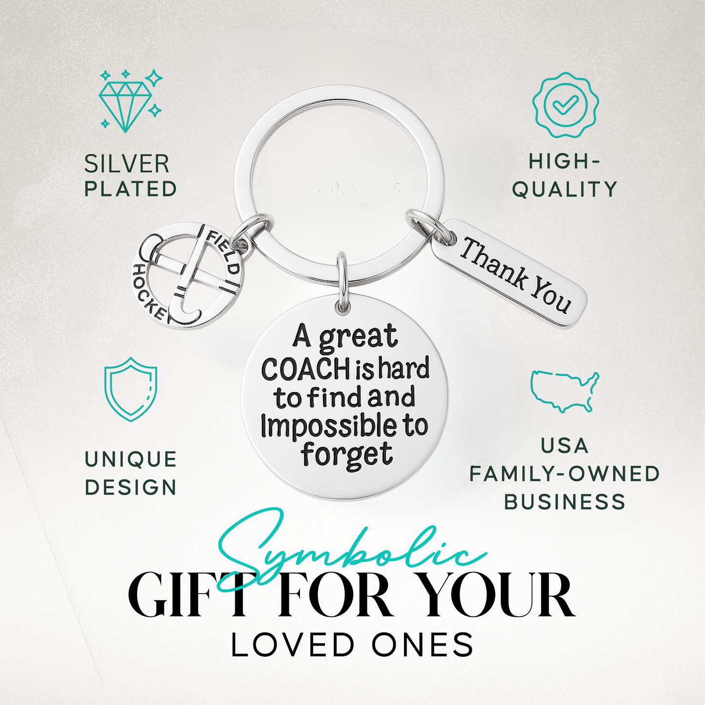 Coach keychain presented in elegant gift box with thank you tag and sports charms