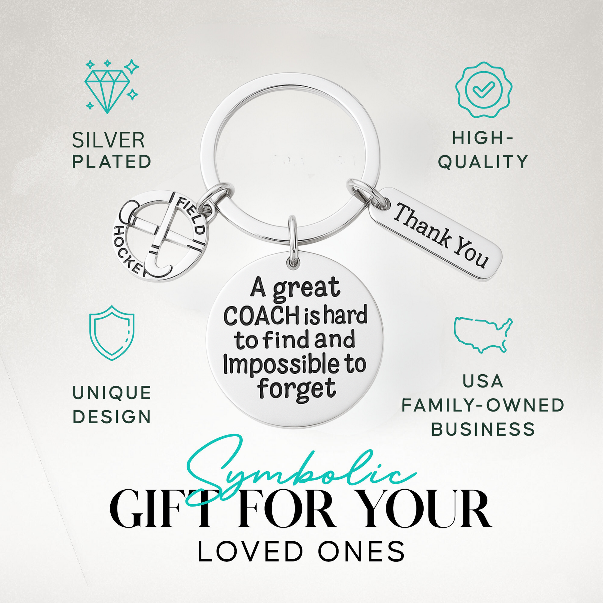 Coach keychain presented in elegant gift box with thank you tag and sports charms