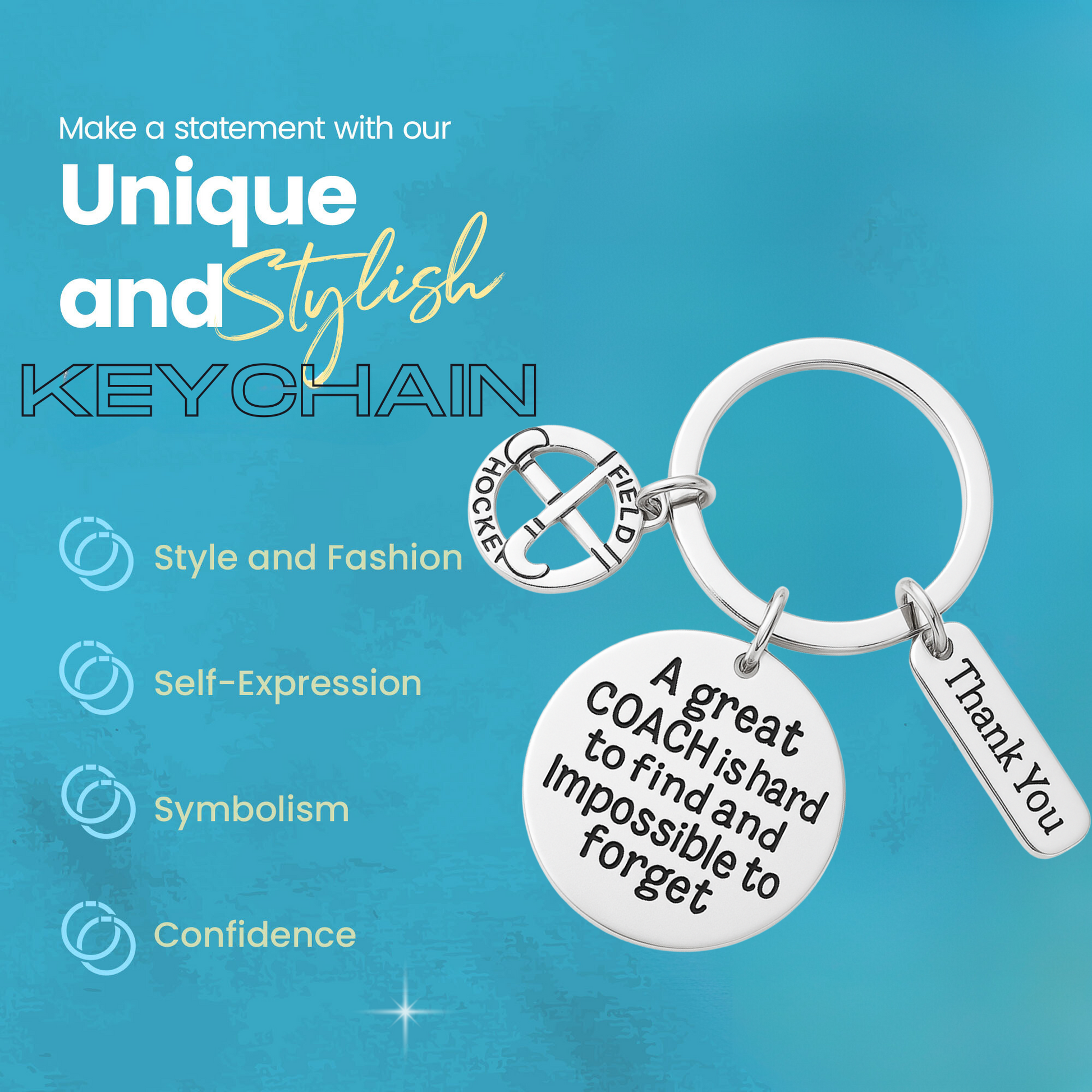 Blue card showing field hockey coach keychain features with inspirational text and durable charm material