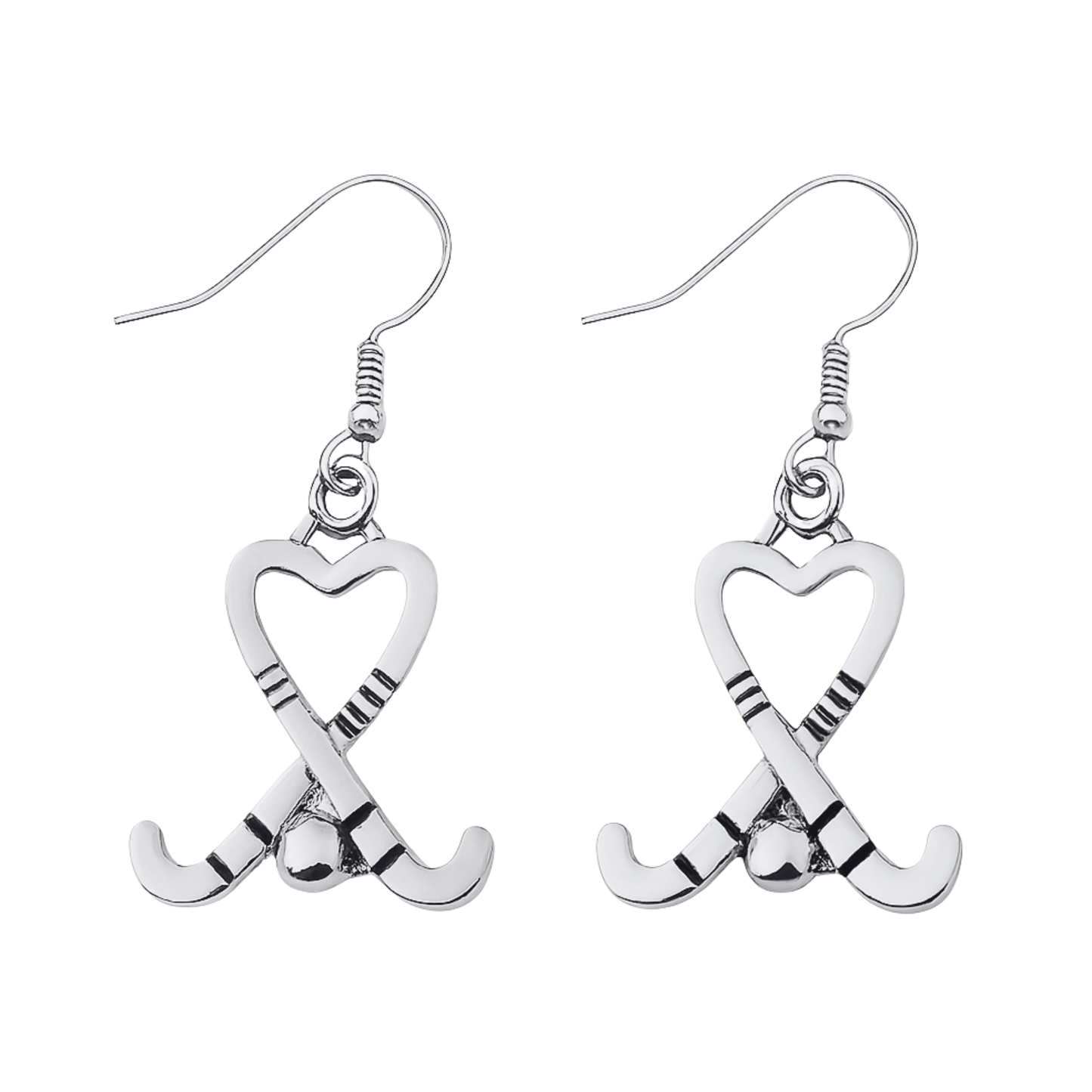 Silver heart-shaped field hockey stick dangle earrings with crossed sticks and ball design
