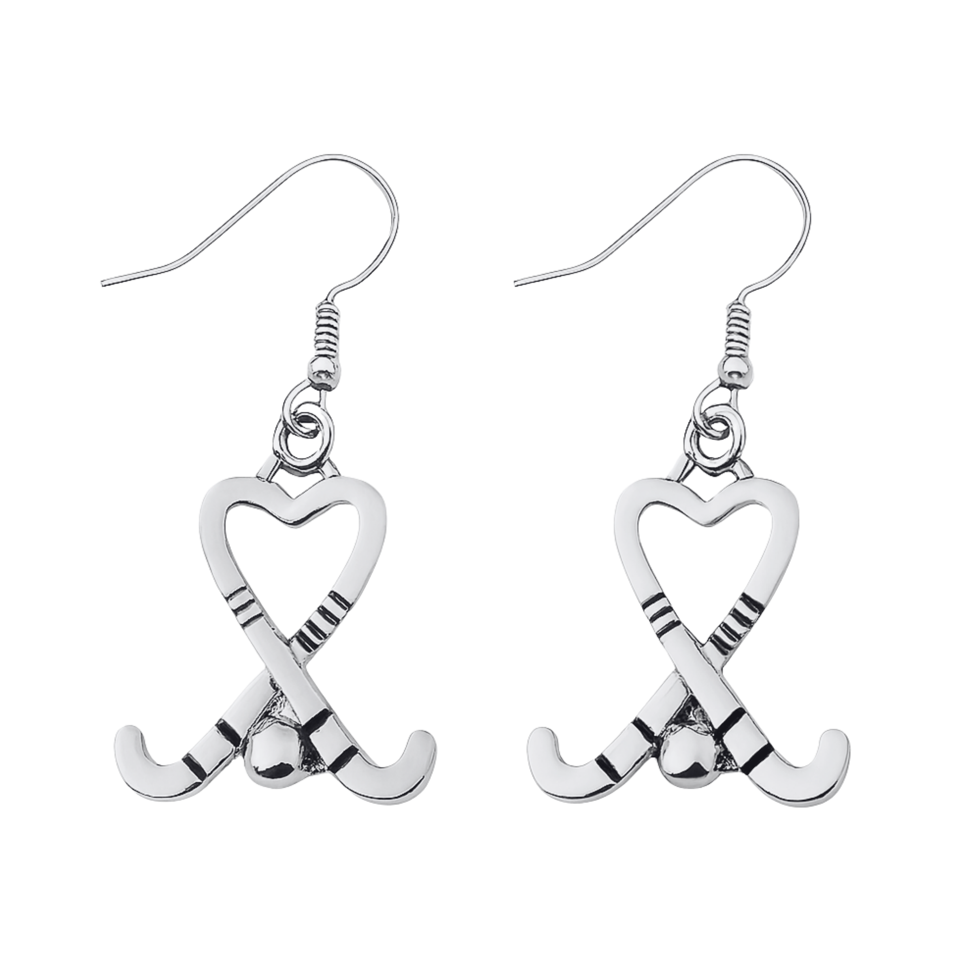 Silver heart-shaped field hockey stick dangle earrings with crossed sticks and ball design