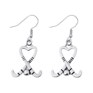 Silver heart-shaped field hockey stick dangle earrings with crossed sticks and ball design