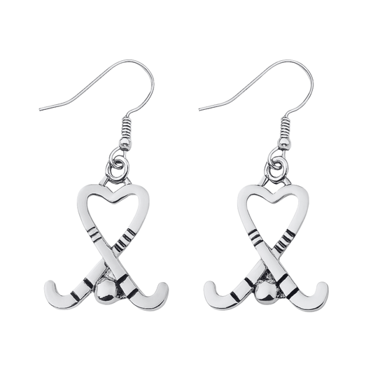 Silver heart-shaped field hockey stick dangle earrings with crossed sticks and ball design
