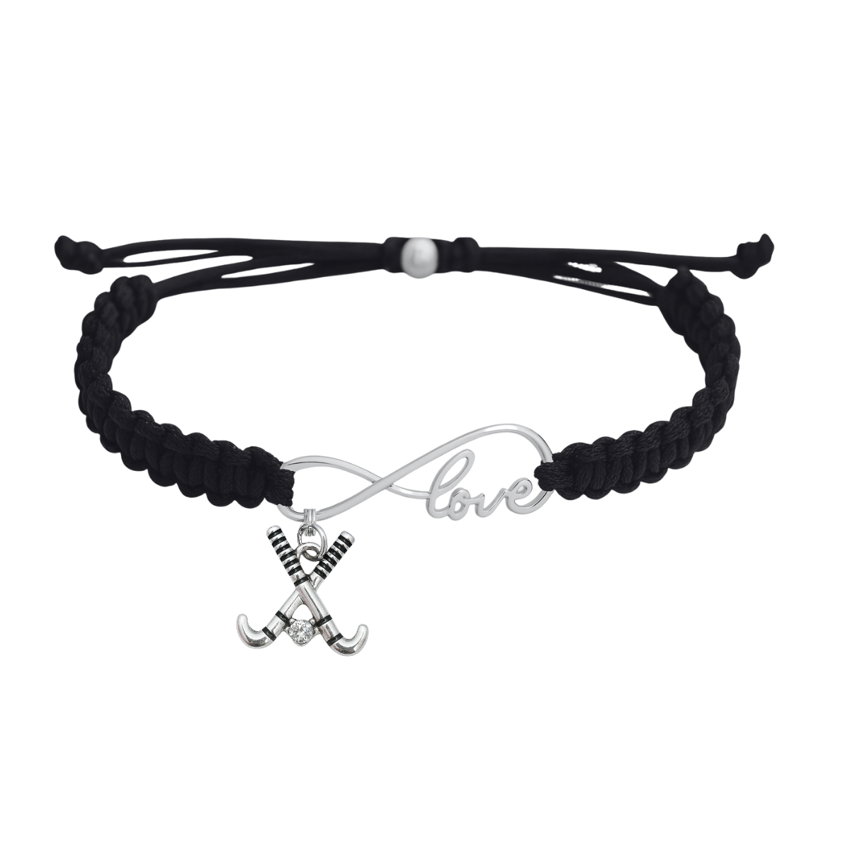 Black infinity rope bracelet featuring silver crossed field hockey sticks charm