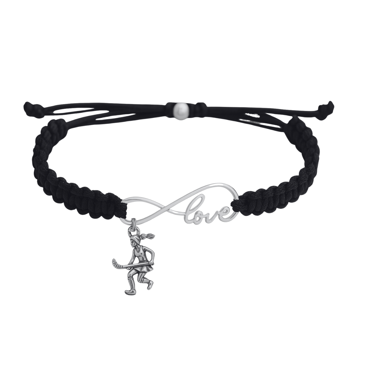 Adjustable black infinity rope bracelet with silver heart and crossed field hockey sticks charm