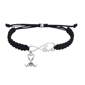 Black adjustable infinity rope bracelet with silver Love heart and crossed field hockey sticks charm