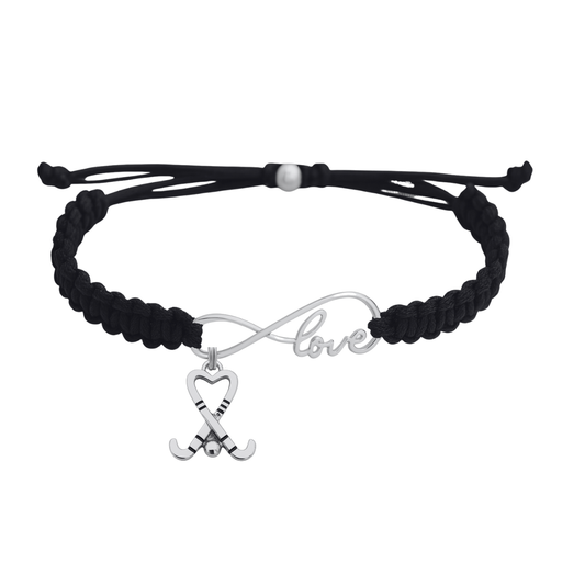 Black adjustable infinity rope bracelet with silver Love heart and crossed field hockey sticks charm