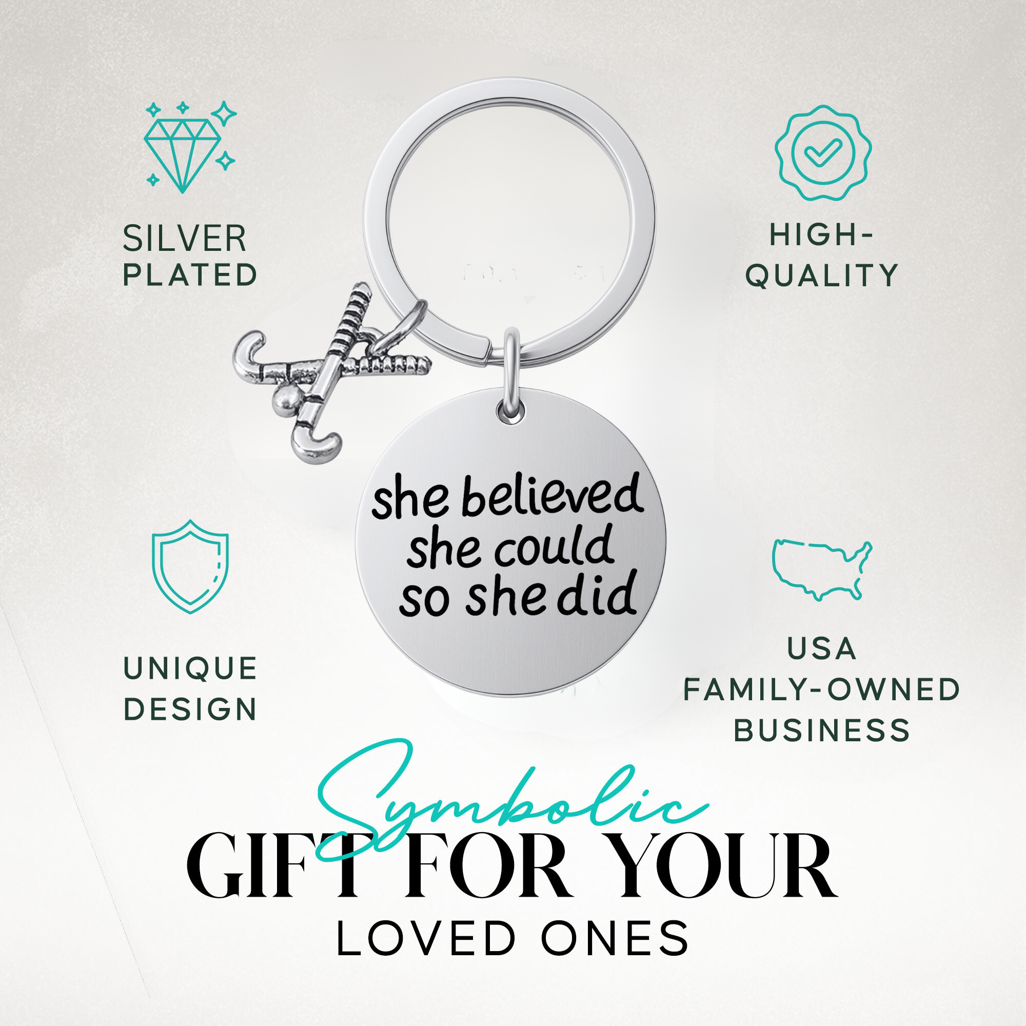 Field hockey keychain with motivational quote charm shown with gift idea text