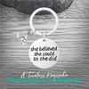Field hockey keychain with motivational quote charm shown with gift idea text
