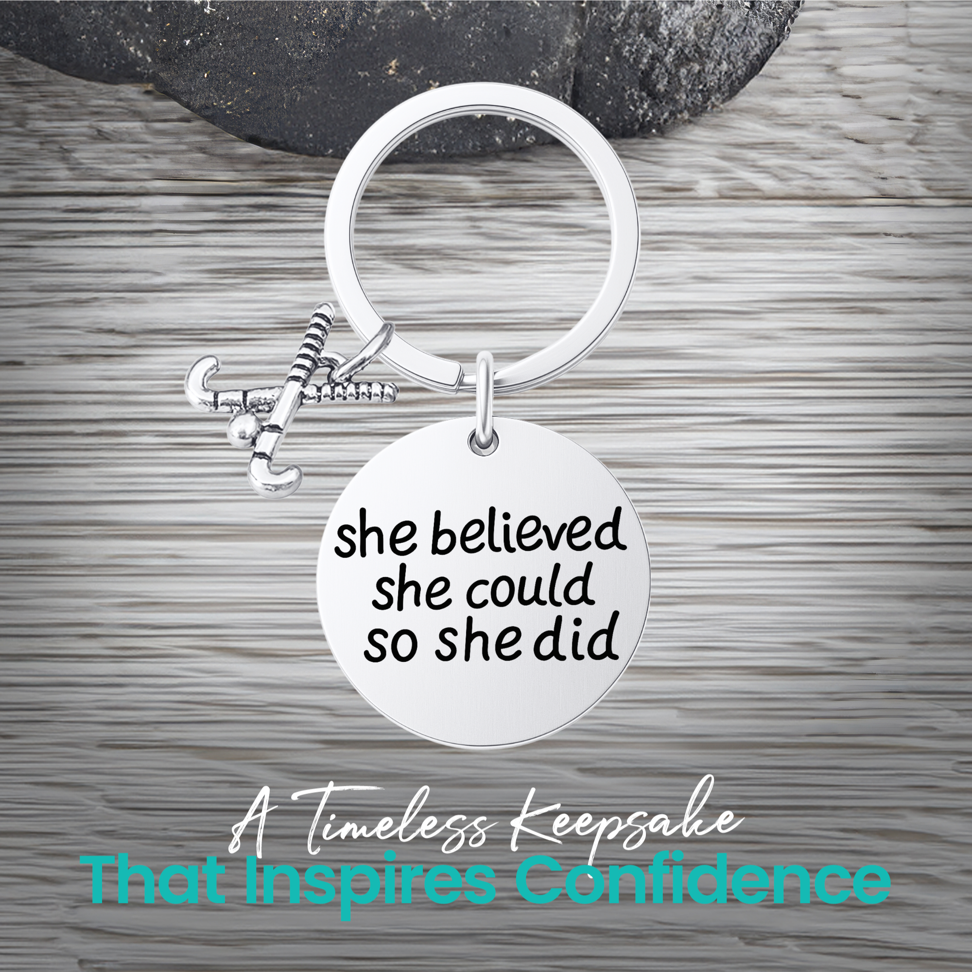 Field hockey keychain with motivational quote charm shown with gift idea text