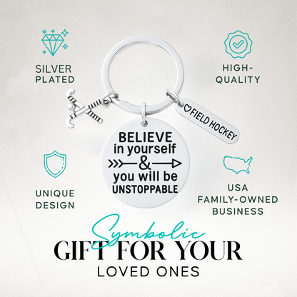 Believe in Yourself field hockey keychain shown on branded card – perfect sports gift for girls