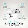 Field hockey keychain displayed in gift packaging with engraved My Happy Place tag and stick charm