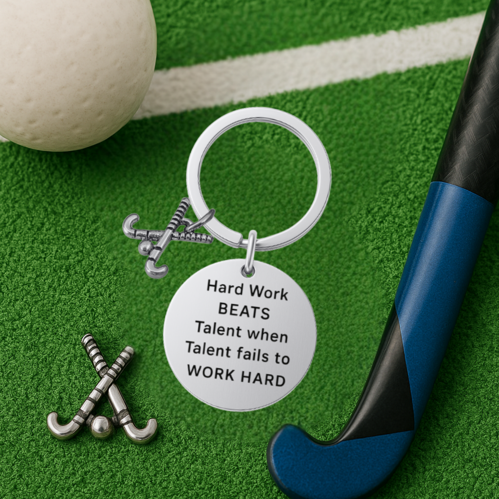 Inspirational field hockey keychain with engraved Work Hard Beats Talent charm displayed on green artificial turf