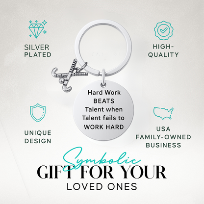 Field hockey keychain with Work Hard Beats Talent engraving and text highlighting perfect gift idea