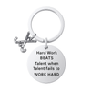 Silver plated field hockey keychain with crossed sticks charm and engraved Work Hard Beats Talent pendant
