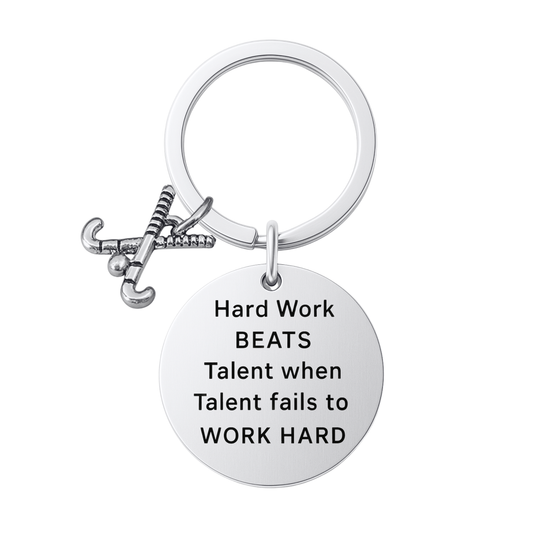 Silver plated field hockey keychain with crossed sticks charm and engraved Work Hard Beats Talent pendant
