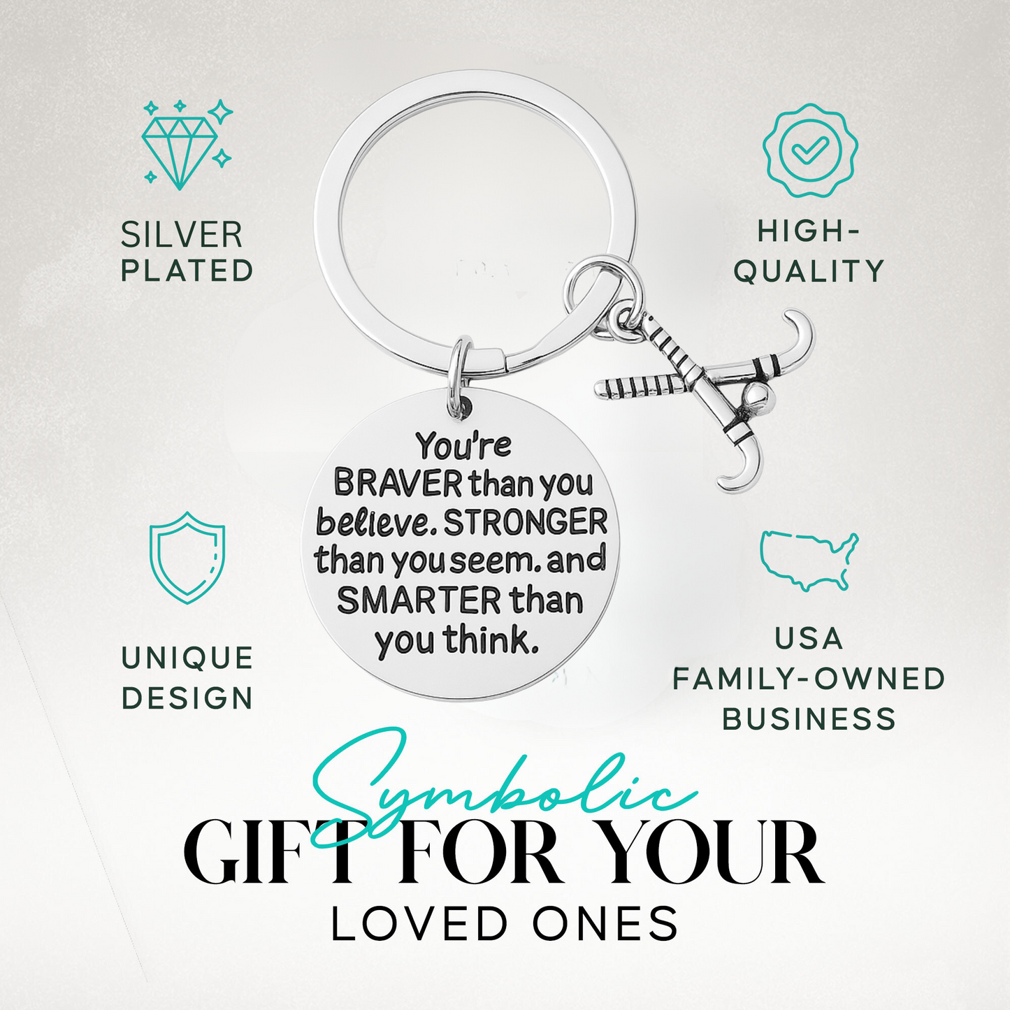 Field hockey motivational keychain on card showing design details and sports theme packaging