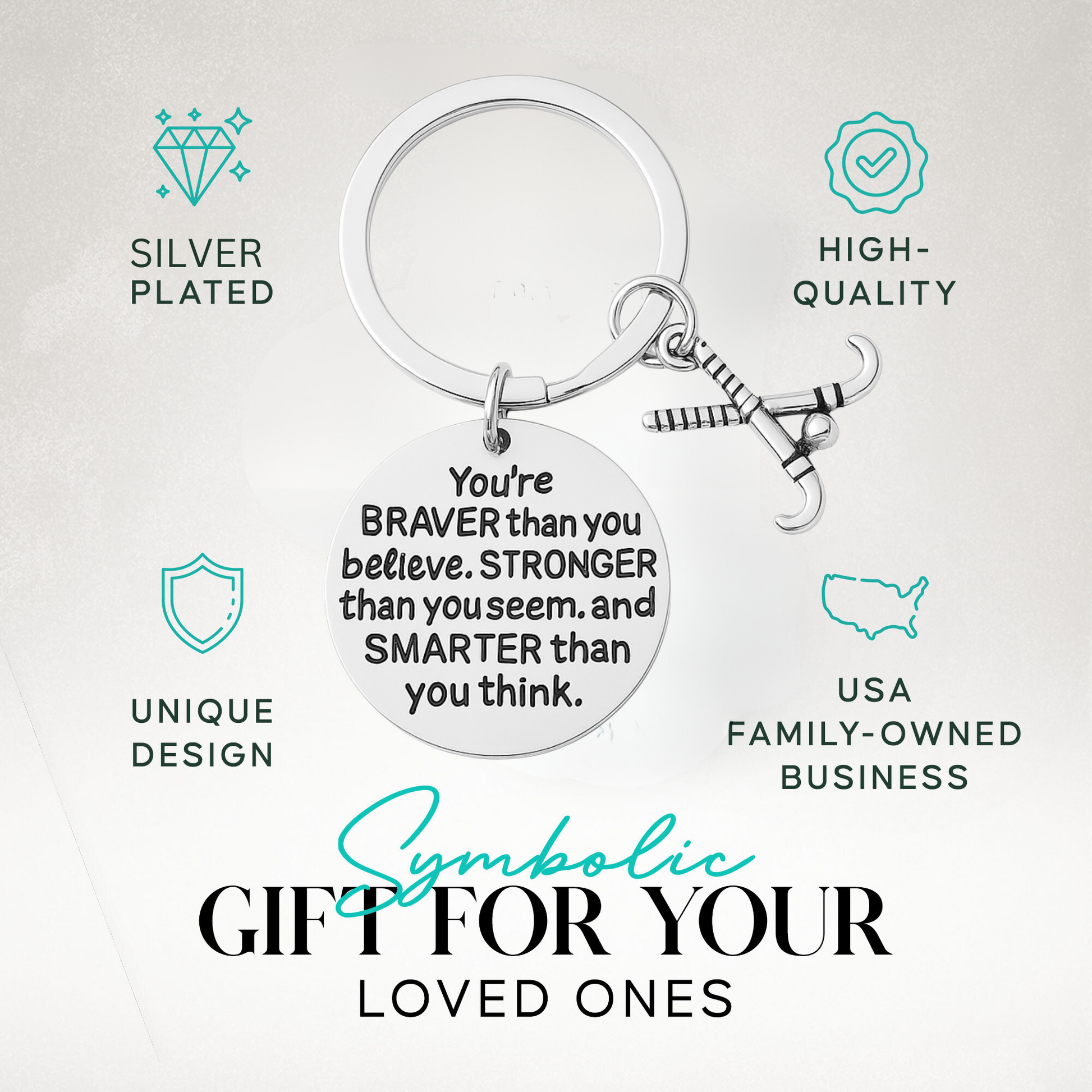 Field hockey motivational keychain on card showing design details and sports theme packaging