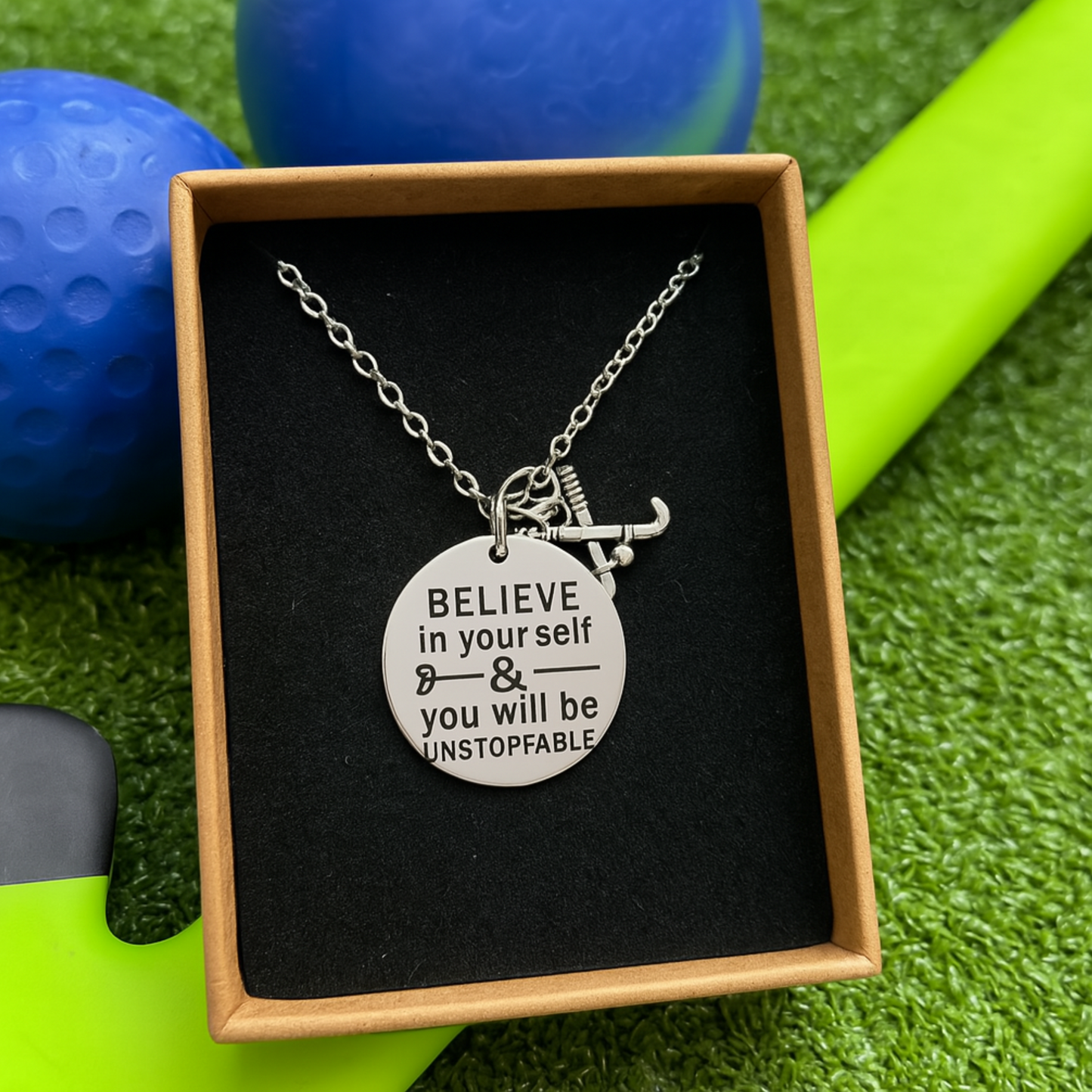 Field hockey necklace in black velvet gift box – motivational sports jewelry for girls and players