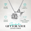 Field hockey charm necklace shown on gift card with stainless chain and product highlights