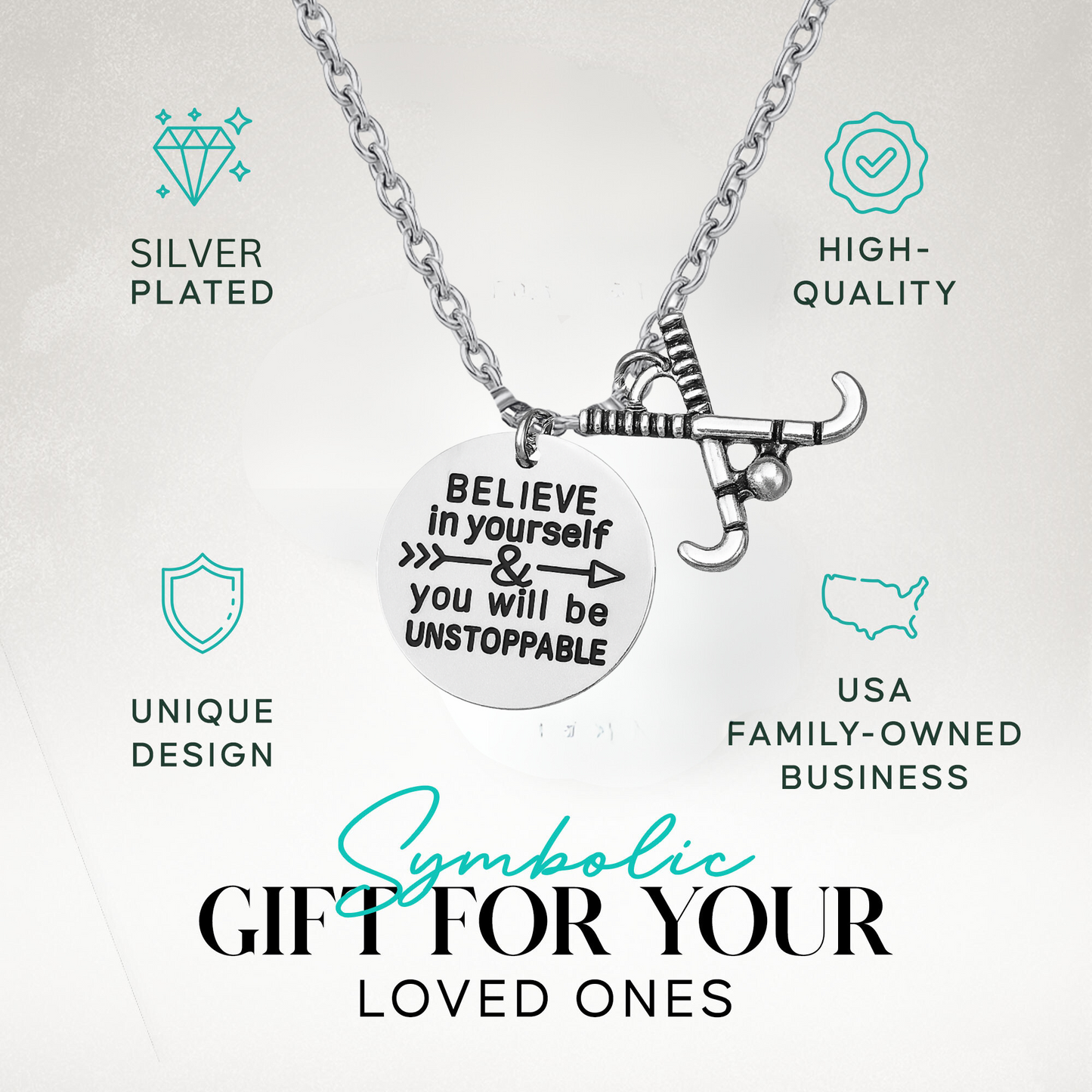 Field hockey charm necklace shown on gift card with stainless chain and product highlights